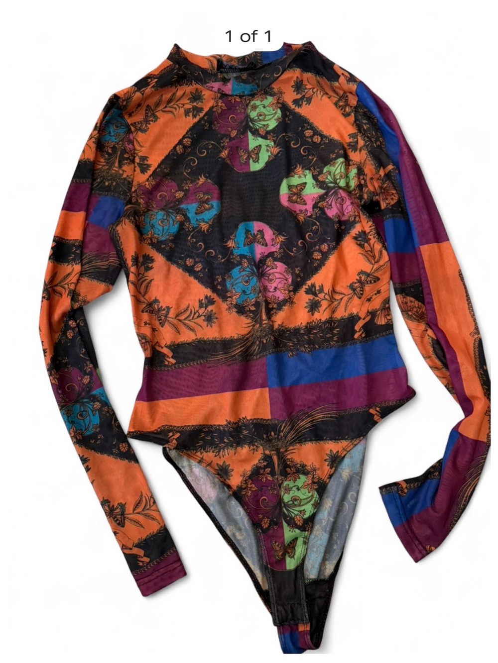 AKIRA Orange Multicolor Floral Mesh Bodysuit
